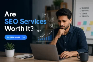 A thoughtful individual analyzing the benefits of SEO services