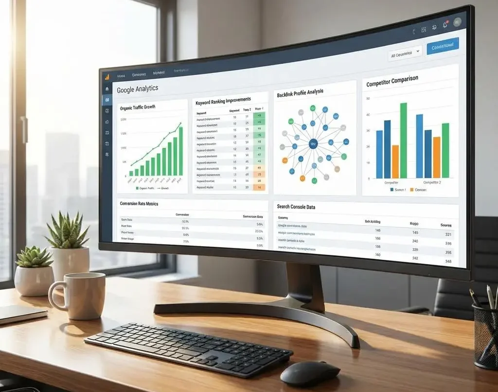 SEO specialist analyzing website performance metrics