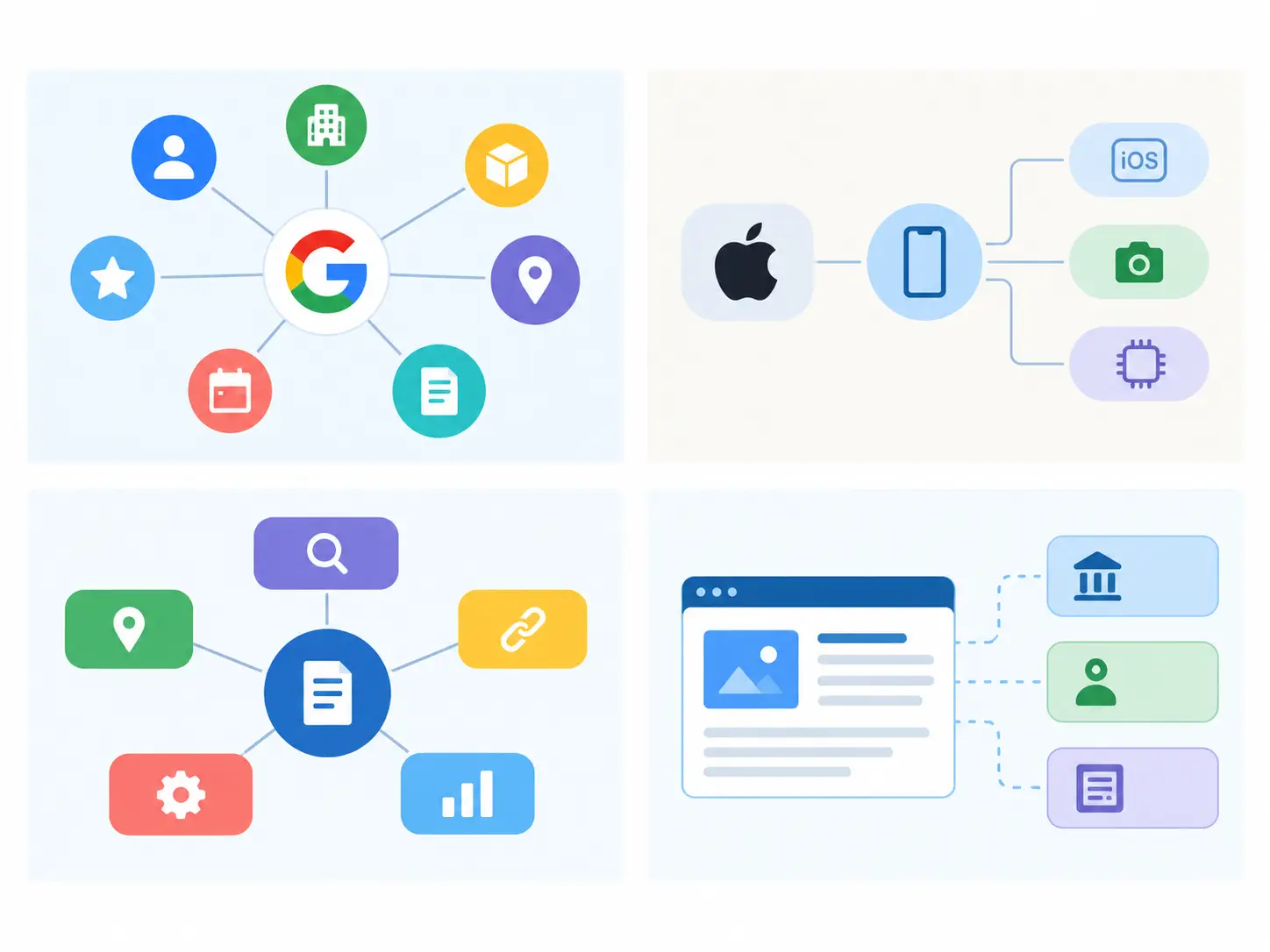 Google services, iOS features, and website integration icons