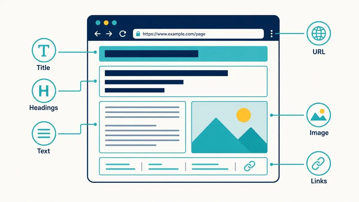 Website content, headings, images, and links