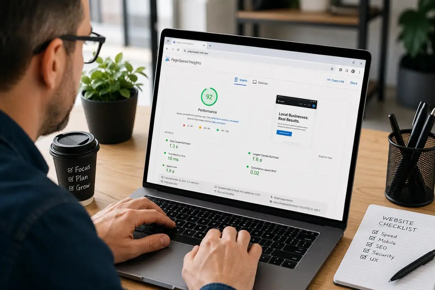 SEO specialist checking website speed and performance metrics