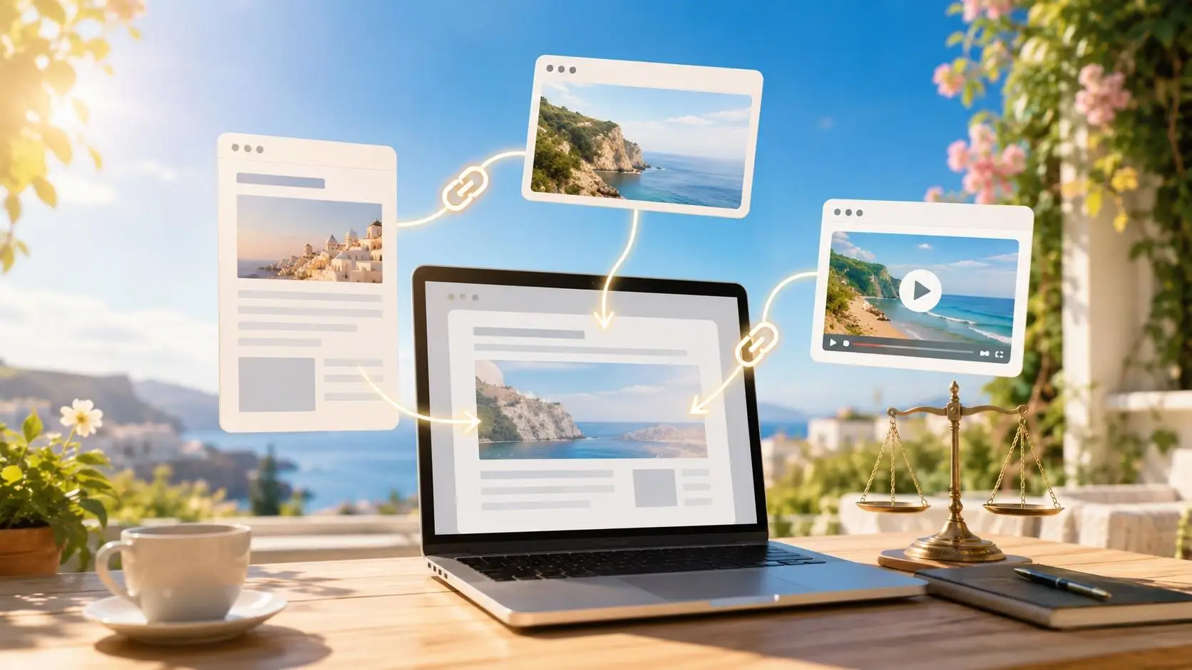 Laptop displaying interconnected website pages
