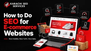 SEO for e-commerce websites with shopping cart and laptop graphics