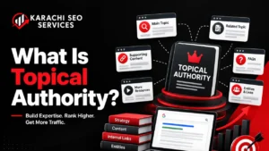 infographic asking what is topical authority featuring a book graphic and strategy nodes
